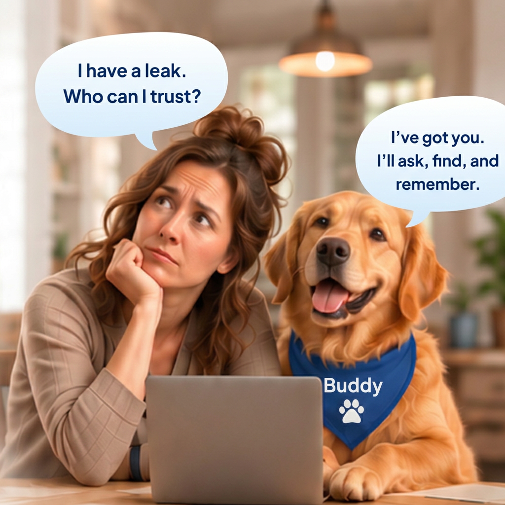 A worried woman at her laptop with Buddy, a calm golden retriever, beside her