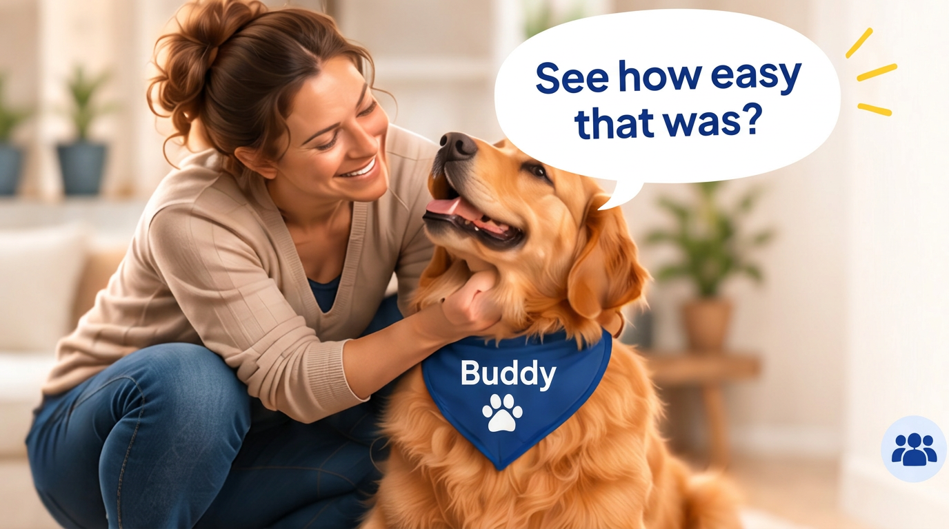A happy, relaxed woman with Buddy after her problem was solved